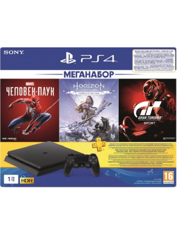 PlayStation 4 Slim 1 TB Black Меганабір - Spider-Man + Horizon Zero Dawn. Complete Edition + Gran Turismo Sport + Підписка PSPlus 3 місяці (CUH-2208B) 